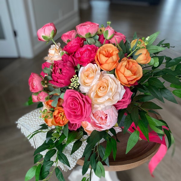 Hot pink bridal bouquet, spring bouquet, summer bouquet, hot pink and orange bouquet