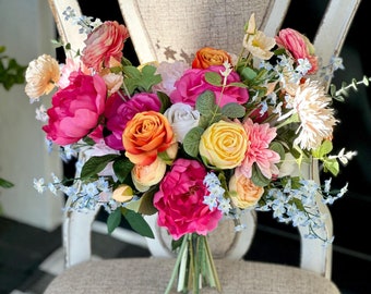 Hot Pink, Orange, and Yellow bridal bouquet/ Garden style wedding flowers