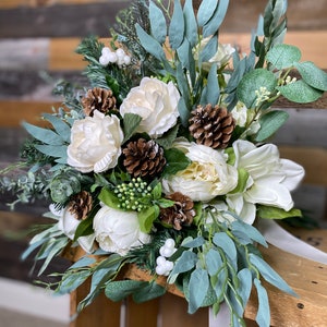 White wedding bouquet with pine cones, white and evergreen bouquet, artificial bouquet, Winter bouquet