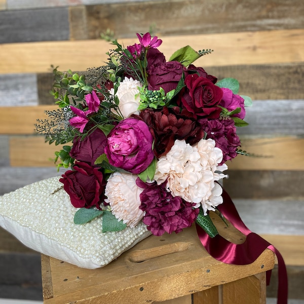 Deep purple, dark red and fuchsia bridal bouquet, Purple wedding bouquet, winter wedding bouquet