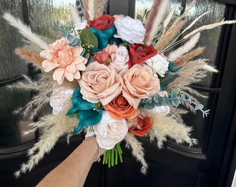 Pampas grass Boho wedding bouquet:Teal and rust wedding flower