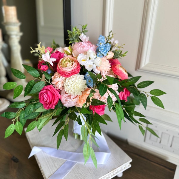 Hot Pink, white and light blue bridal bouquet , Hot pink, peach, white bridal bouquet, artificial bouquet, wedding bouquet, spring bouquet