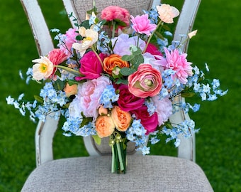Wildflower wedding bouquet : Hot pink, blue, yellow, orange and purple bridal bouquet