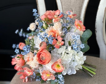 Coral and Dusy blue bridal bouquet/ Silk wedding flowers