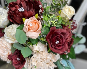 Crystal accent bouquet, Burgundy and Blush bouquet with Crystal accents, burgundy and pink wedding bouquet