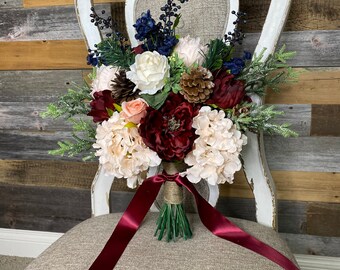 Burgundy Navy Wedding Bouquet: Silk Peonies, Roses & Evergreen