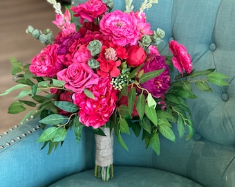 Fuchsia & Red Silk Wedding Bouquet: Jewel Toned Bridal Flowers