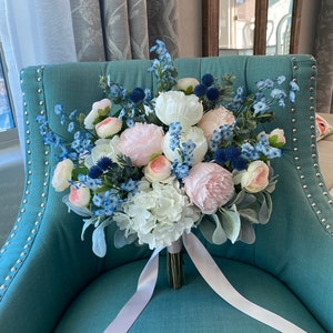 Dusty Blue Bridal Bouquet: Blush Pink & White Silk Wedding Flowers
