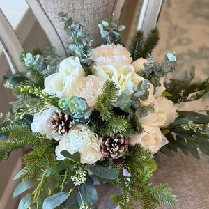 Evergreen and white bouquet, Winter bridal bouquet, Evergreen and Pinecone bouquet