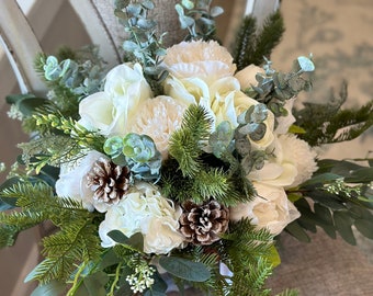 Winter Bridal Bouquet: White Silk Peonies, Roses & Pinecones