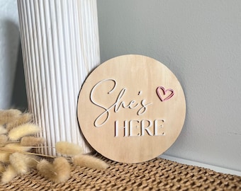 Baby Arrival Plaque, "She's Here" or "He's Here" Announcement, Baby Gender Reveal Sign, Newborn Announcement, Nursery Decor, Baby Shower