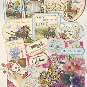 May include: A collage of garden-themed ephemera, including cards with floral designs, wheelbarrows, and gardening tools. Text includes "Gardening is a work of art," "Forget Me Not," and "Thank You garden." The color palette features pinks, purples, and yellows.