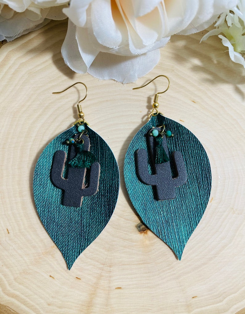 Green Textured Faux Leather Earrings with cactus Charm