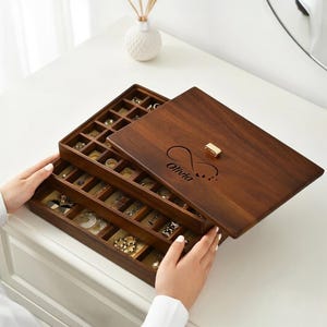 Stackable Jewelry Tray Organizer  3 Layer Large Wooden Jewelry Box with 56 Compartments and Lid  Custom Engraved Personalized Gift for Women