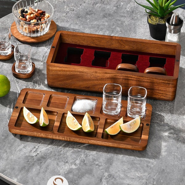 Ensemble de verres à liqueur Tequila de papa personnalisés dans une boîte en bois gravée, verrerie avec rangement, sous-verres et plateau