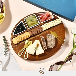 Oval Cheese Cutting Board with Utensils, Premium Acacia Wood Charcuterie Board Personalized Serving Platter - Custom Holiday Entertaining