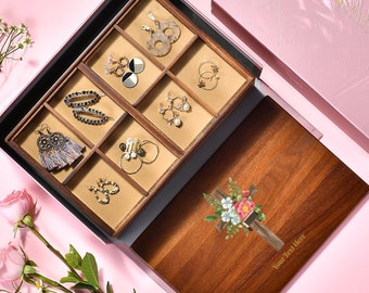 Personalized Floral Cross Jewelry Box Set, Large 3 Piece Stackable Wooden Tray Box with 56 Compartments, First Communion Gift Girl