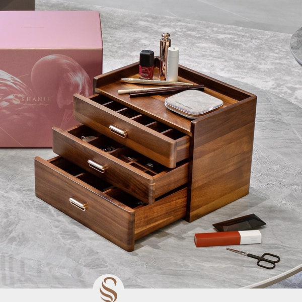 Wooden Makeup Organizer and Jewelry Storage Countertop Box for Cosmetic & Perfume Display, Engraved Solid Wood Personalized Gifts for Mom