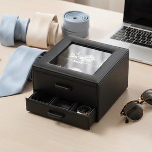 Personalized Men's Watch Box with 2 Drawers Watch Display Case for 5 Watches Valet Box with Jewellery Storage Leather Anniversary for Him