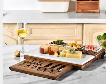 Premium Custom Charcuterie Board with Utensil Set, Customizable Engraving, Wood and Marble Cheese Board Personalized Gifts for Wine Lovers