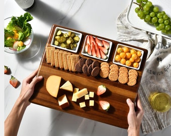 Personalized Charcuterie Plank for Appetizers - Tapas, Meat and Cheese Cracker Tray with 5 Picks, 3 pcs Utensils Set and Three Ceramic Bowls