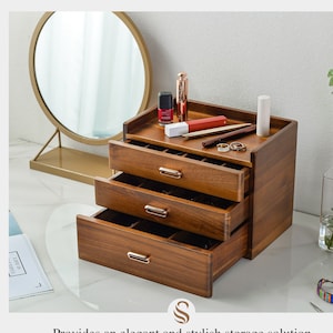 Wood Makeup Organizer Drawers with Dividers / Engraved Jewelry Box, Countertop Wooden Make-up Organizer Box, Mothers Day Gift from Son