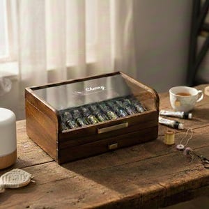 Caixa para óleos essenciais em madeira de acácia com gaveta e tampa gravada, ideal para presentear mulheres no seu 50º aniversário. Perfeita para casa e para quem gosta de aromaterapia.