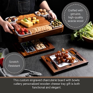 Personalized Mom&#39;s Charcuterie Board with Cheese Knives  Wooden Appetizer Serving Platter  4 Cutlery Set & 7 Bowls  Engraved Gift for Home