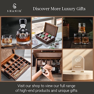 The image is a collage of six different images showcasing various luxury gifts and products, including a bottle of whiskey, a wooden box, a glass of whiskey, a wooden box with a watch, a glass of whiskey, and a glass of whiskey. The collage also includes a person's hands holding a watch and a person's hands holding a gift box. The image does not contain any text, and the focus is on the products and gifts displayed.