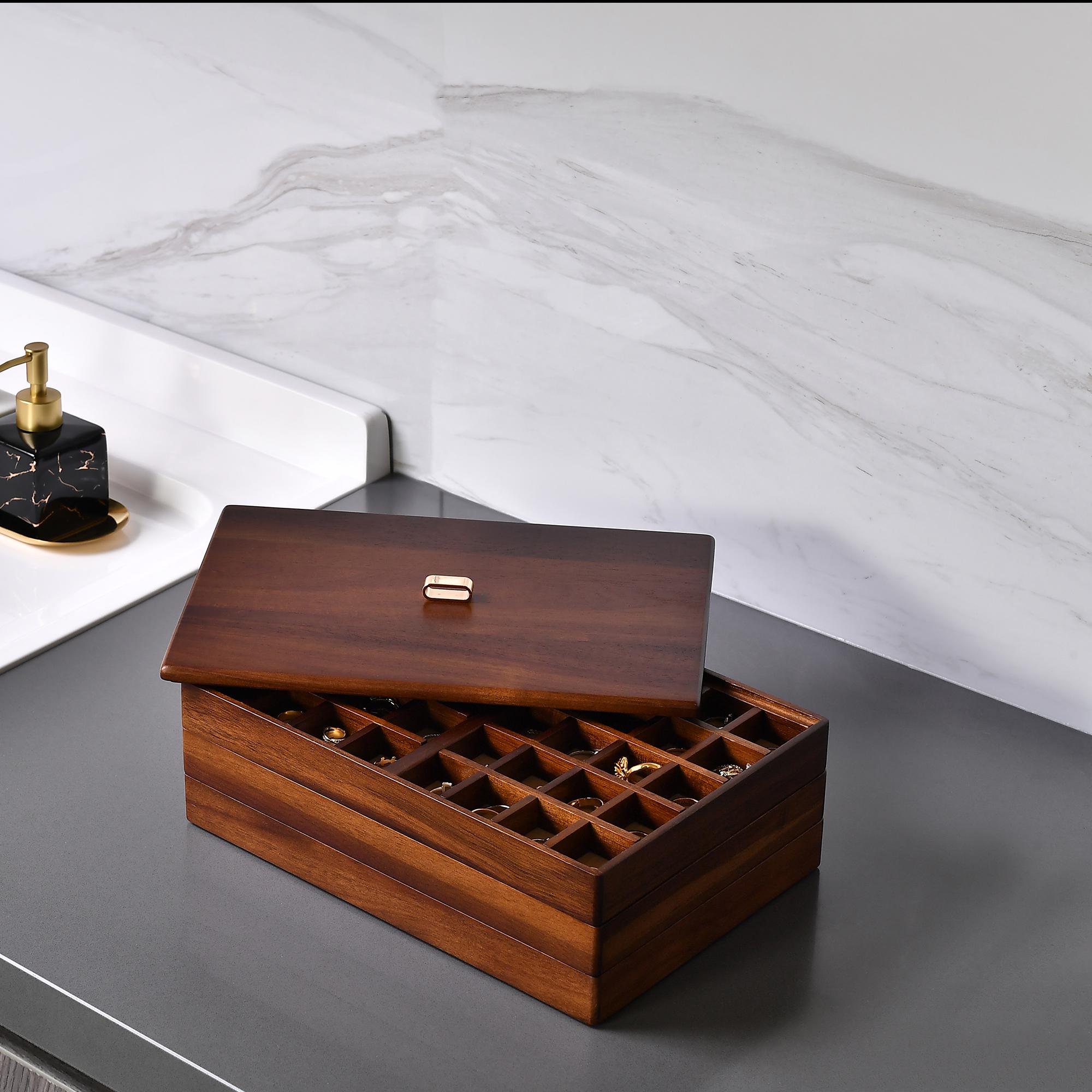 Stackable Jewelry Tray Organizer, Large Wooden Jewelry Box with Compartments & Lid, Custom Engraved Birth Flower Personalized Gift for Women