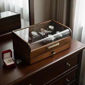 May include: A rectangular wooden watch display case with a glass lid featuring the white monogram BN. The case has a pull-out drawer with a gold handle and a small gold knob. Next to the case sits a small red velvet ring box with a gold ring.