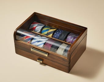 Personalized Tie Storage Box for Men Acacia Wood Tie Organizer Gift Box with Drawer Luxury Anniversary Gift for Husband Closet Organization