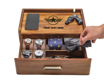 Practical United States Patriotic Nightstand Organizer - Personalized Wooden Valet Tray Box with Sunglasses Holder, Phone and Watch Stand