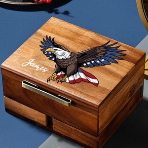 Personalized Bald Eagle Wooden Box Patriotic Keepsake Organizer with Name American Flag Gift for Him Veteran Military 4th of July Gift