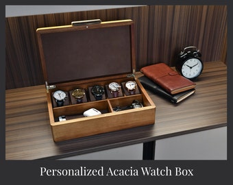 Watch Box For Men, Personalized Watch Storage Box with 5 Slots, Best Wood Organizer for Personal Stuff Like Earbuds and Small Accessories