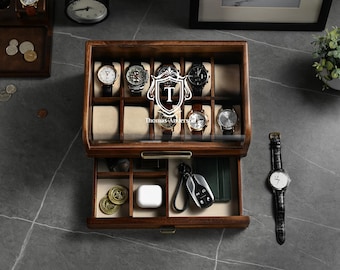 Best wooden watch box with drawer for cufflink ring key organizer for dresser custom gift for men watch storage organization for watch lover