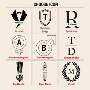 a collection of monogram designs, including a tuxedo, badge, split initials, female monogram, male monogram, vertical initials, cigar name, and wreath.