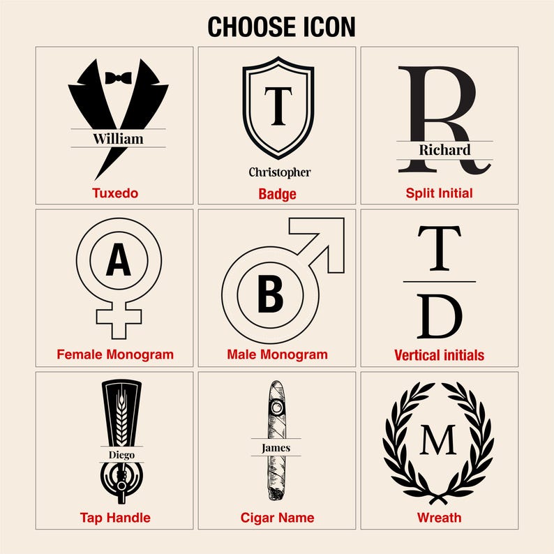 a collection of monogram designs, including a tuxedo, badge, split initials, female monogram, male monogram, vertical initials, cigar name, and wreath.