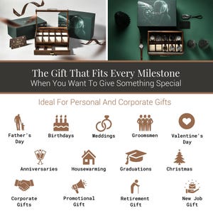 The image is a collage of various gift ideas, including personal and corporate gifts, ideal for different occasions such as Father's Day, Valentine's Day, birthdays, weddings, groomsmen, and more.