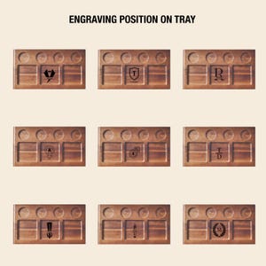 a collection of nine wooden tray designs, each with a unique engraved pattern or symbol. The trays are arranged in a grid format, showcasing various shapes, symbols, and text. The image does not contain any text, and the arrangement of the trays is consistent and orderly.