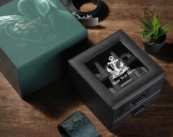 Custom Mens Jewelry Box for Watches Valet Box Organizer with Cufflink & Ring Storage Black Leather Personalized Gifts for Dad from Daughter