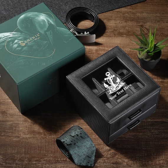 Custom Mens Jewelry Box for Watches Valet Box Organizer with Cufflink & Ring Storage Black Leather Personalized Gifts for Dad from Daughter