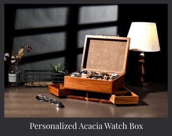 Custom Engraved Wooden Watch Organizer for 8 Slots, High-Quality Craft Storage with Soft Velvet Pillows And Pull Out Drawers, Wedding Gift