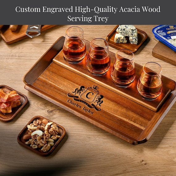 Customized Glencairn Whiskey Glasses Set in Custom Wooden Box - Personalized Flight Tray Included - Unique Bourbon Gift for Any Occasion