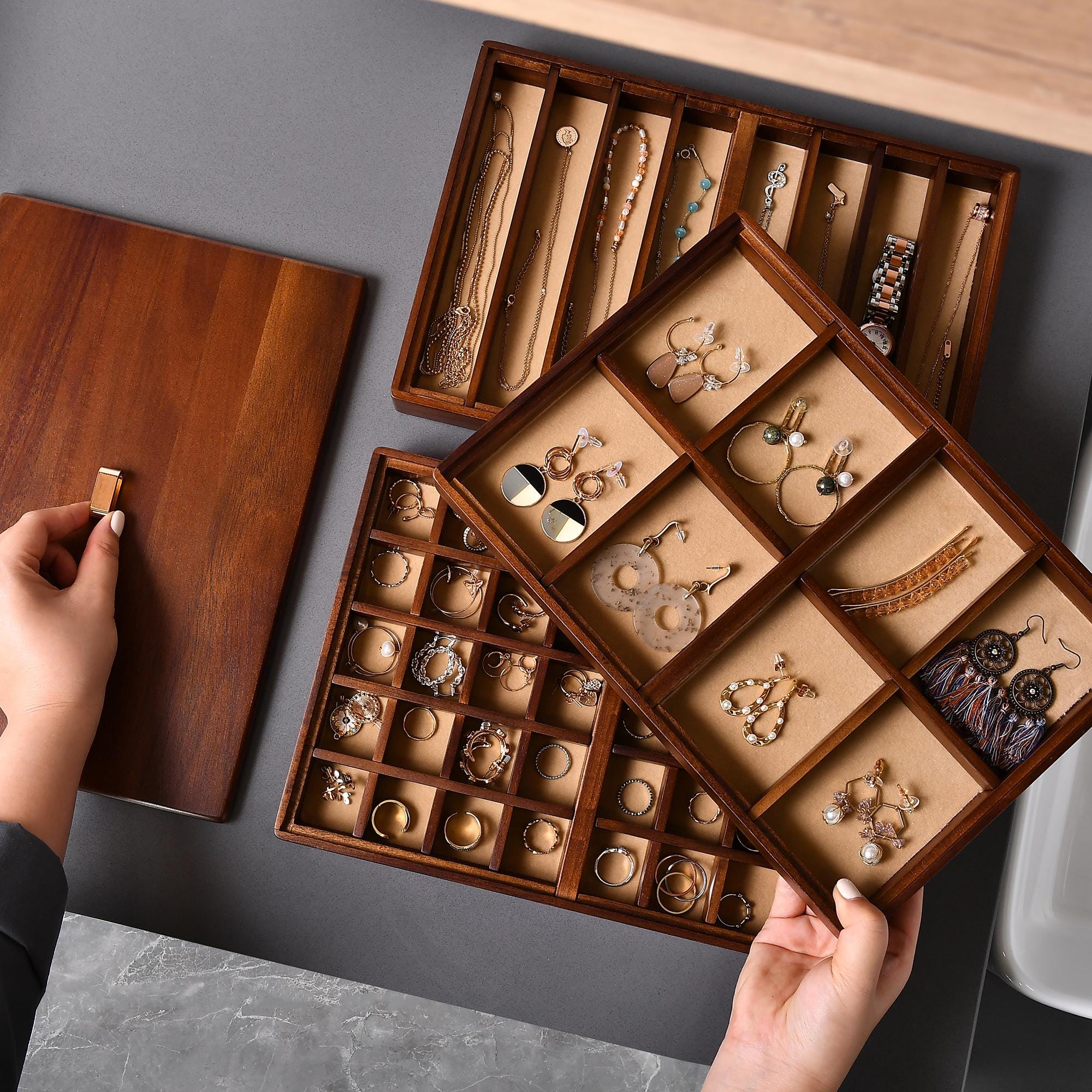 Stackable Jewelry Tray Organizer, Large Wooden Jewelry Box with Compartments & Lid, Custom Engraved Birth Flower Personalized Gift for Women