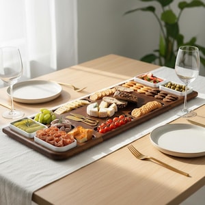 Tábua de servir de madeira para alimentos, travessa de servir de comida, tábua de queijos com talheres (13,88" x 19,88")
