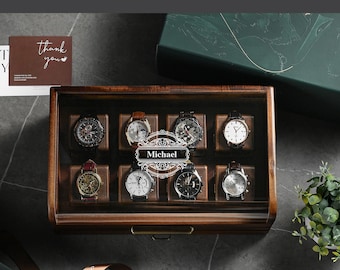 Engraved Keepsake for Men Personalized Wooden Watch Box with Drawer Luxury Watch Storage Organizer Custom Gift for Birthday or Anniversary