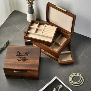 Shanik Wooden Jewelry Box Multi Tier Ring Earring Necklace Storage with Pull-Out Drawer Removable Tray Custom Organization Box for Women image 7