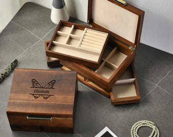 Shanik Wooden Jewelry Box Multi Tier Ring Earring Necklace Storage