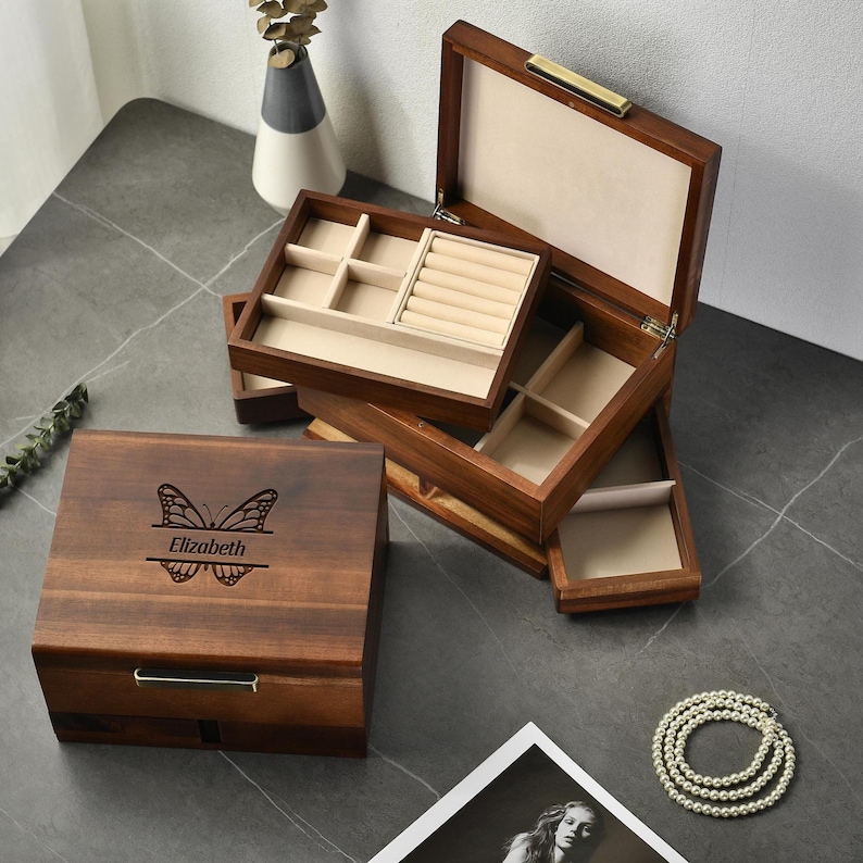 Shanik Wooden Jewelry Box Multi Tier Ring Earring Necklace Storage with Pull-Out Drawer Removable Tray Custom Organization Box for Women image 7